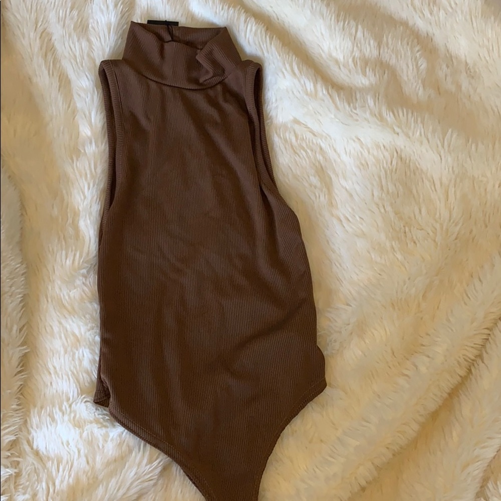 Brown ribbed polo neck bodysuit. US 0